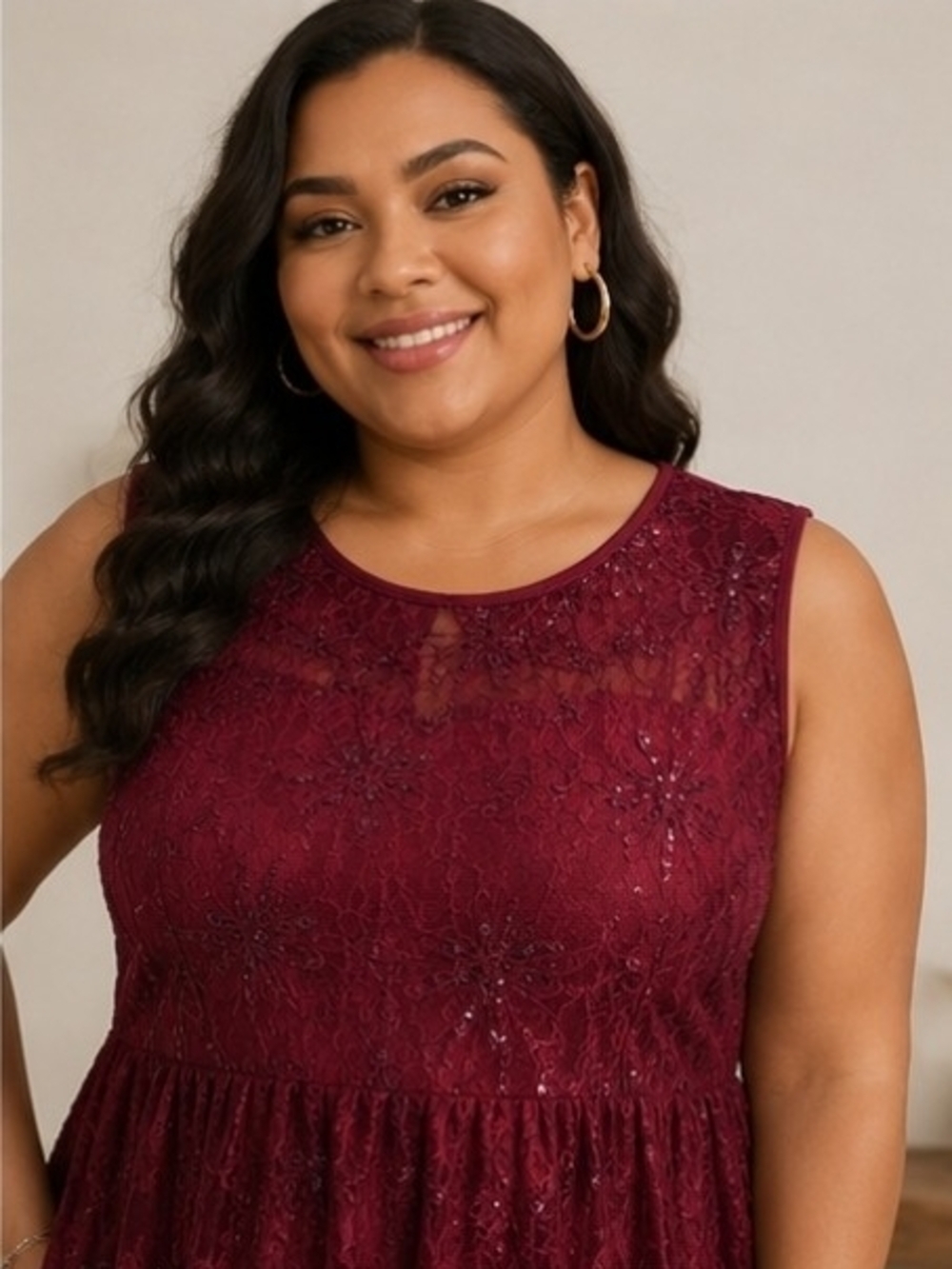 BloomChic Wine Lace Midi Dress with Sparkle - Picture 3 of 6